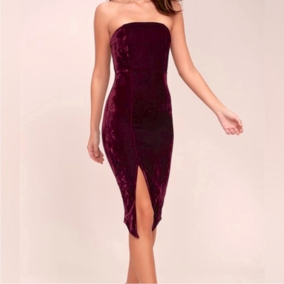 Lulu's Strapless Velvet Dress in Rich Burgundy - Picture 1 of 5